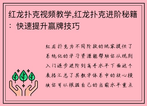 红龙扑克视频教学,红龙扑克进阶秘籍：快速提升赢牌技巧